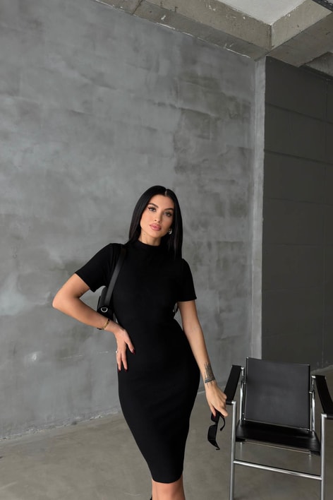 Kısa Kollu Fitilli Midi Elbise Siyah