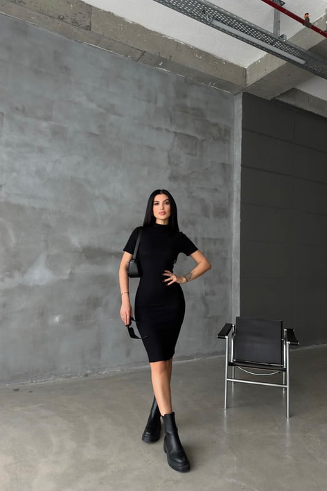 Kısa Kollu Fitilli Midi Elbise Siyah