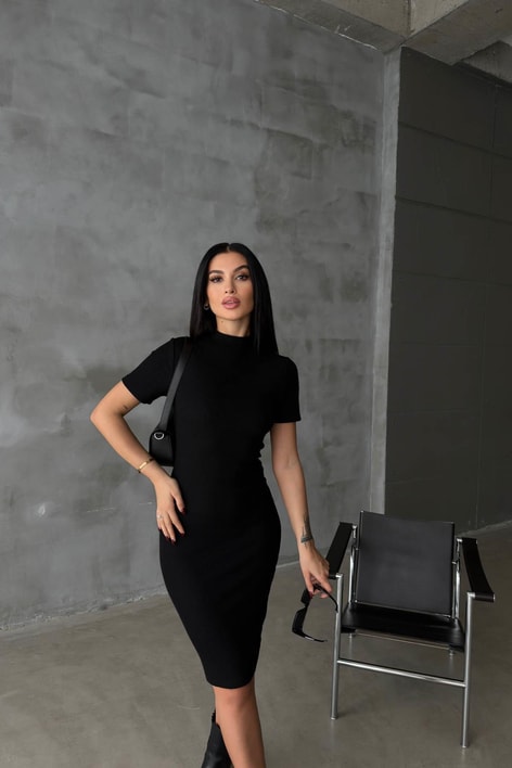 Kısa Kollu Fitilli Midi Elbise Siyah