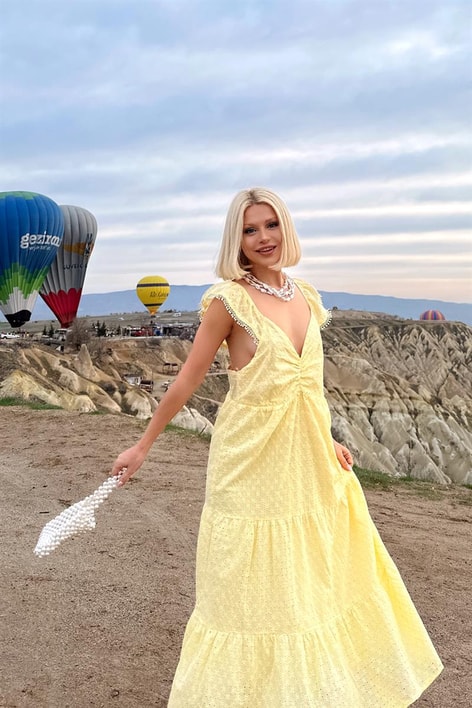 Kol Detaylı Fisto Elbise Sarı