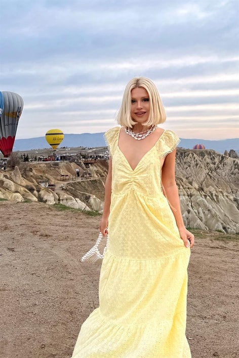 Kol Detaylı Fisto Elbise Sarı