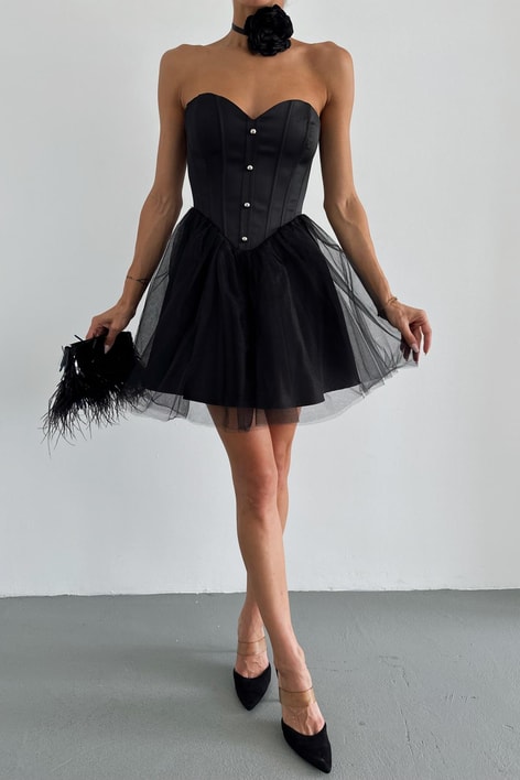 Korsaj Straplez Premium Elbise Siyah