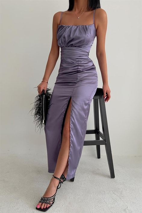 Krep Kumaş Askılı Elbise Mor