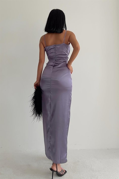 Krep Kumaş Askılı Elbise Mor