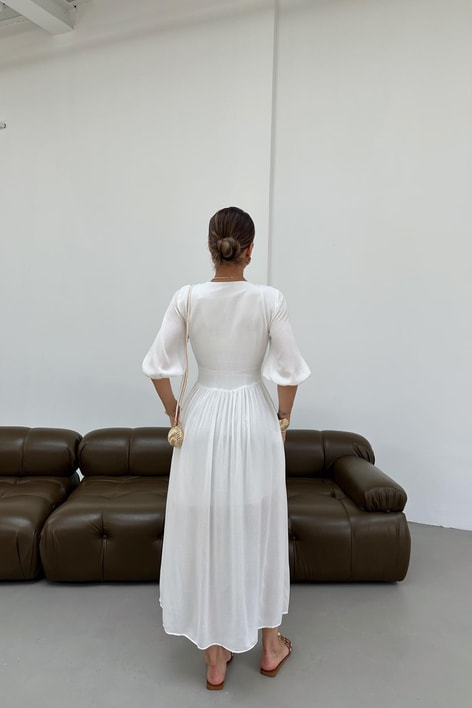 Krinkıl Düğmeli Elbise Ekru