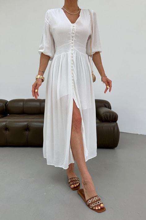 Krinkıl Düğmeli Elbise Ekru