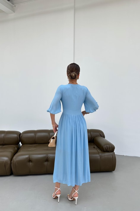 Krinkıl Düğmeli Elbise Mavi