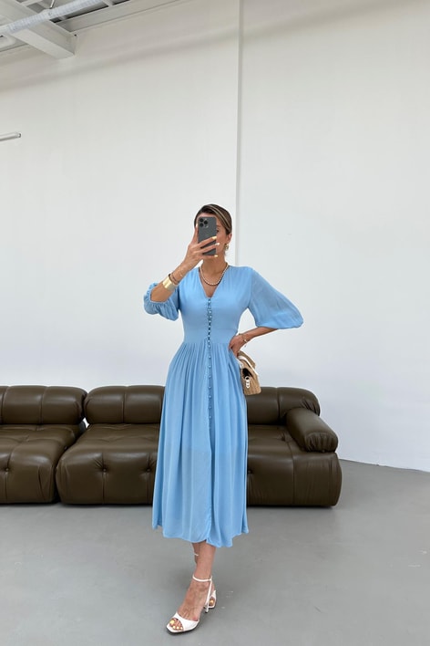 Krinkıl Düğmeli Elbise Mavi