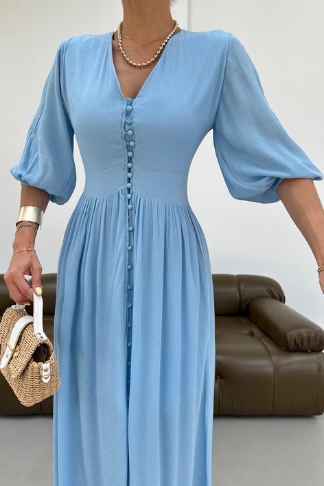 Krinkıl Düğmeli Elbise Mavi