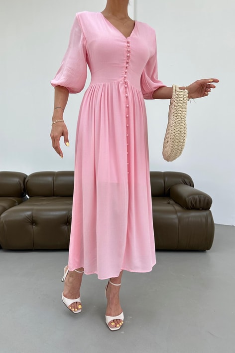 Krinkıl Düğmeli Elbise Pembe