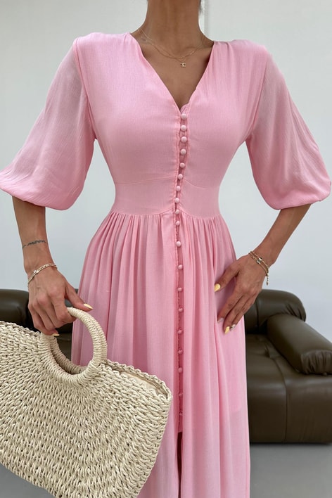 Krinkıl Düğmeli Elbise Pembe