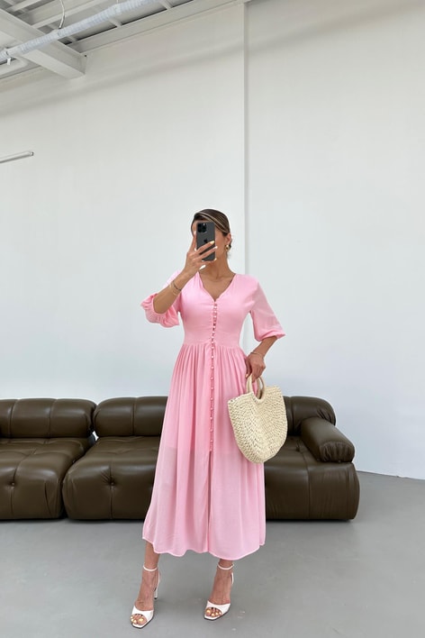 Krinkıl Düğmeli Elbise Pembe