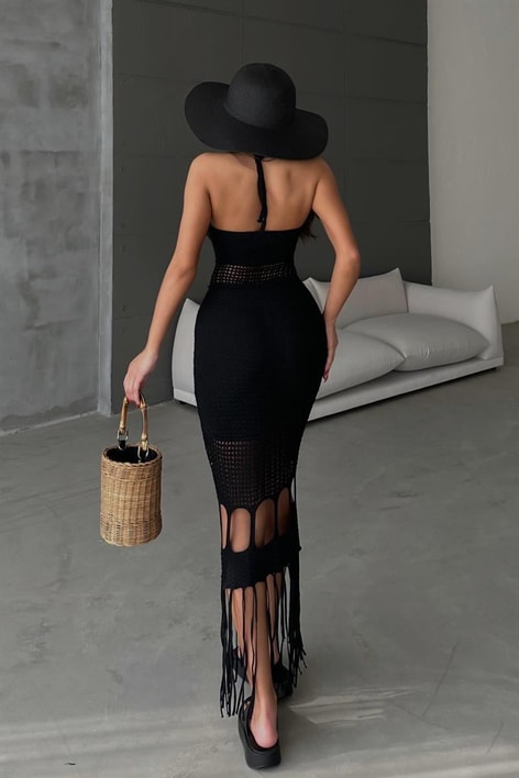 Kroşe Örme Saçaklı Elbise Siyah