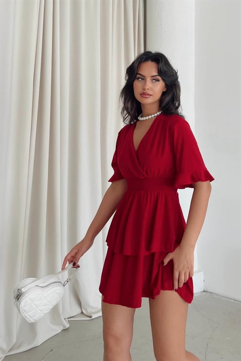 Kruvaze Bel Gipeli Ella Elbise Kırmızı