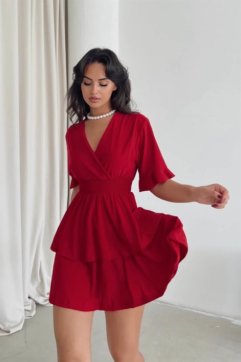 Kruvaze Bel Gipeli Ella Elbise Kırmızı