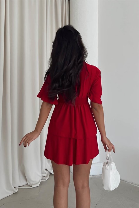 Kruvaze Bel Gipeli Ella Elbise Kırmızı