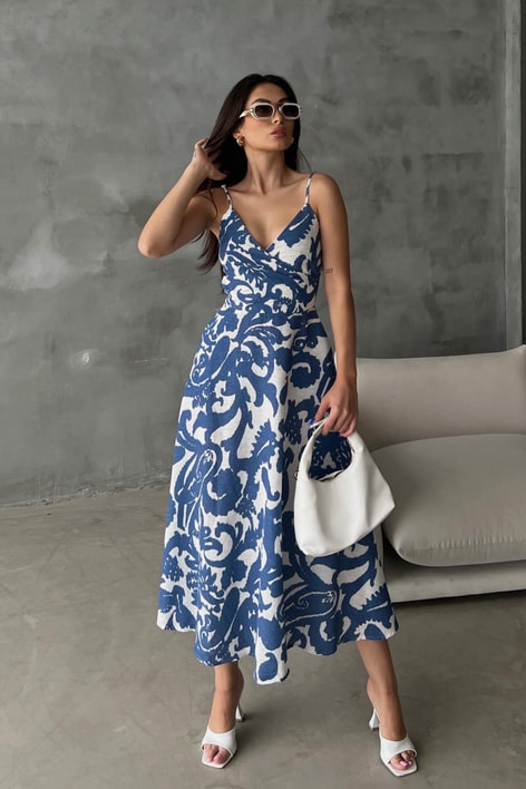 Kruvaze Yaka Wave Keten Elbise İndigo