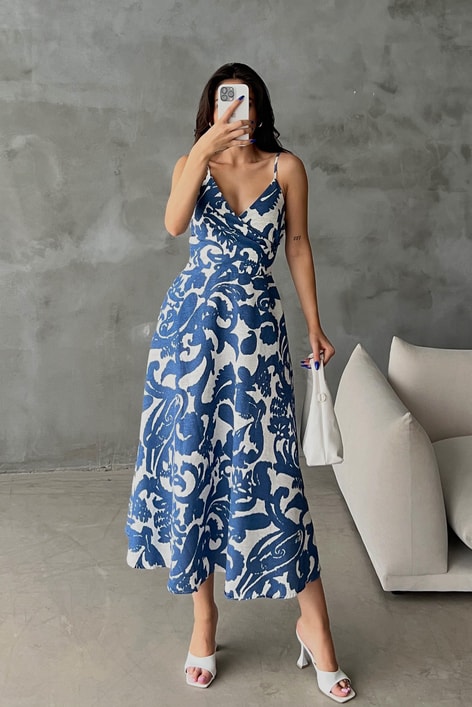 Kruvaze Yaka Wave Keten Elbise İndigo