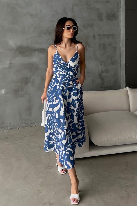 Kruvaze Yaka Wave Keten Elbise İndigo