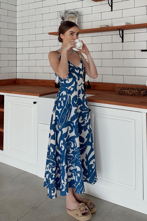 Kruvaze Yaka Wave Keten Elbise İndigo