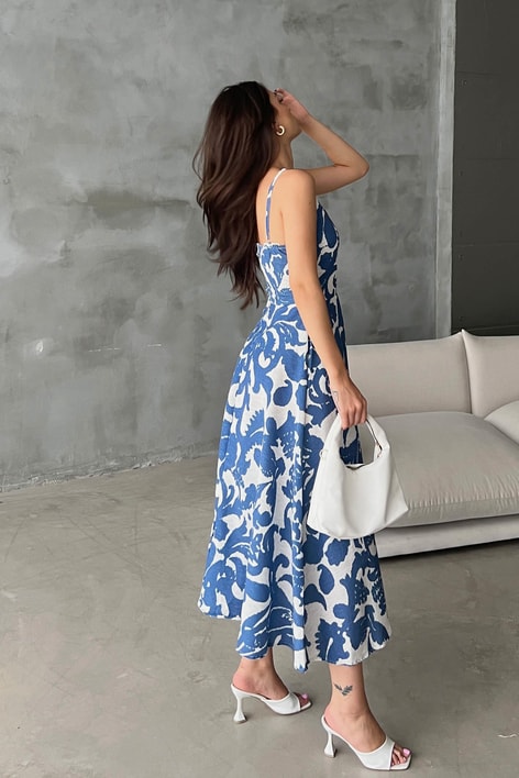 Kruvaze Yaka Wave Keten Elbise İndigo