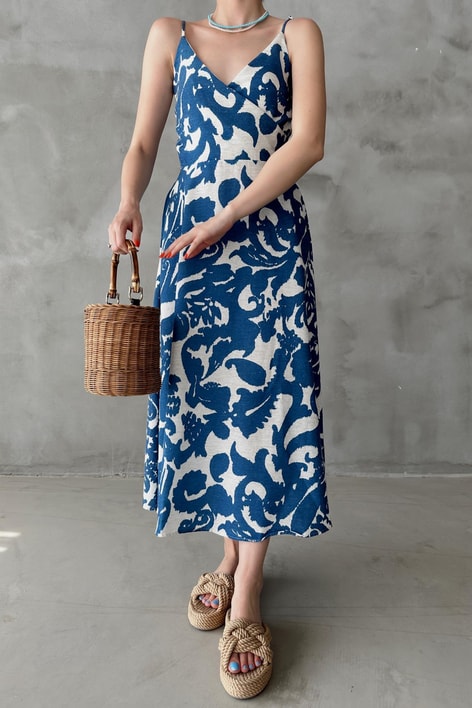 Kruvaze Yaka Wave Keten Elbise İndigo