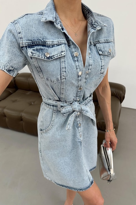 Kuşaklı Mini Denim Elbiser Buz Mavi