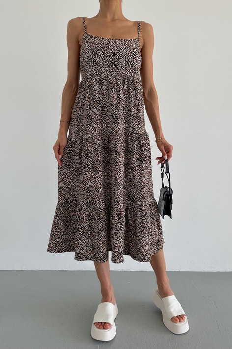 Leopar Maxi Elbise Bej