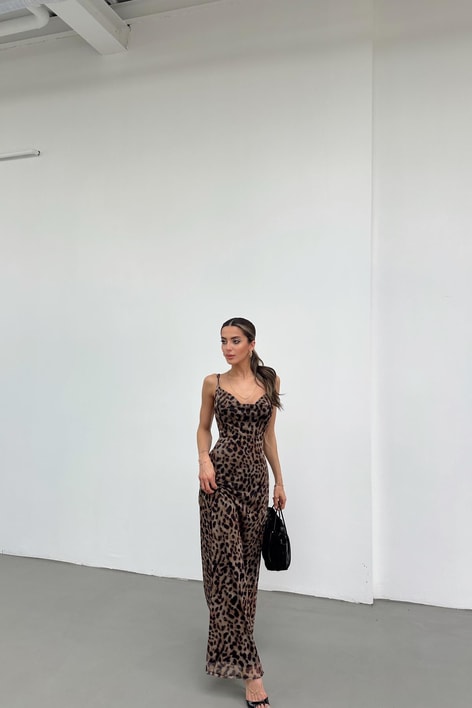 Leopar Maxi Elbise Kahve