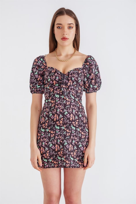 Balon Kollu Floral Elbise Siyah