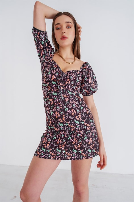Balon Kollu Floral Elbise Siyah