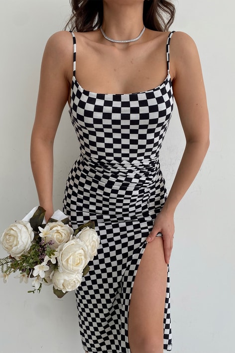 Chess Desenli Elbise Siyah-Beyaz