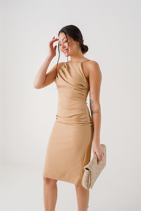 Drape Detay Askılı Elbise Vizon