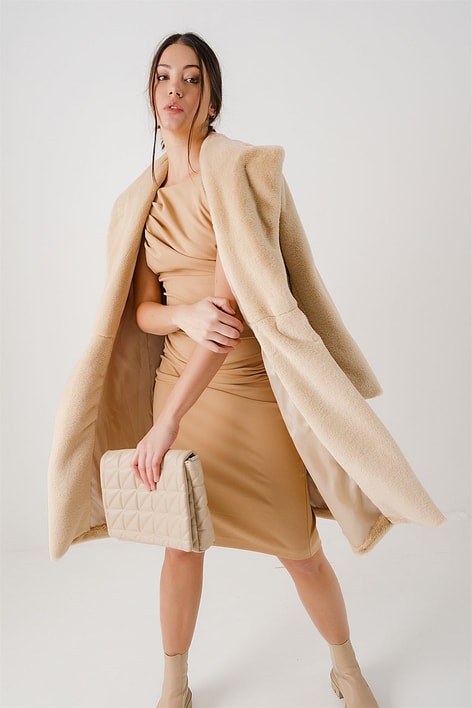 Drape Detay Askılı Elbise Vizon