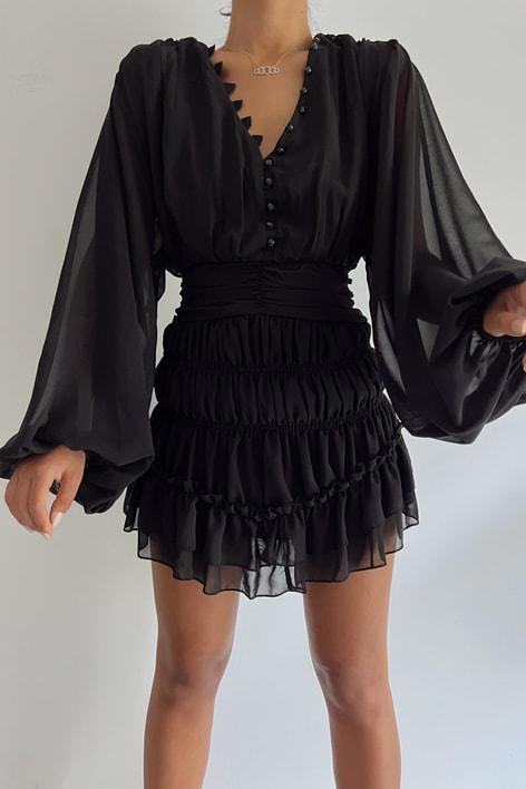 Drape Şifon Kollu Bohem Elbise Siyah