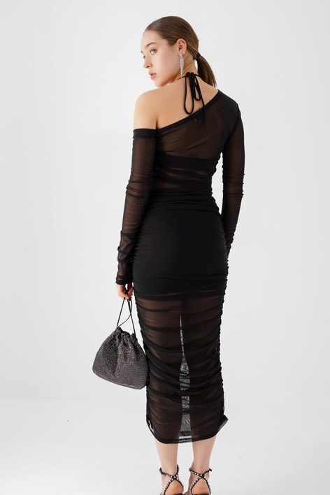 İç Astarlı Drape Elbise Siyah