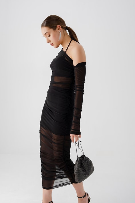 İç Astarlı Drape Elbise Siyah