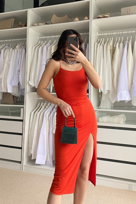 İp Askılı Yırtmaçlı Natalie Elbise Oranj