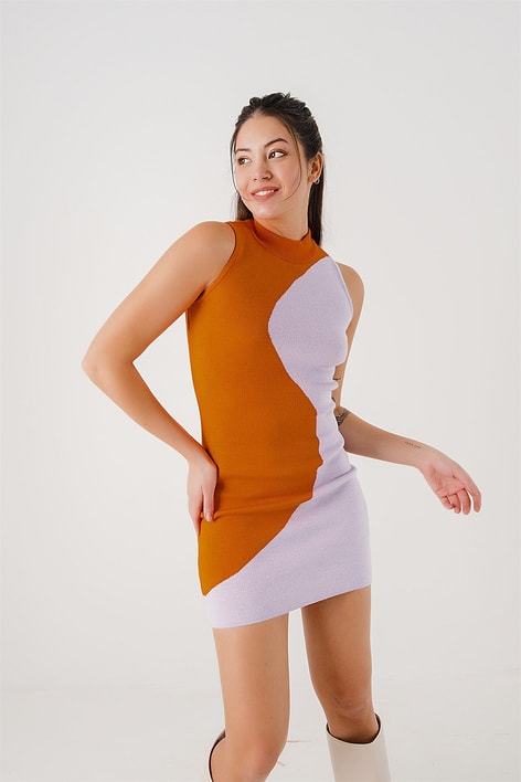 Multi Color Triko Elbise Lila