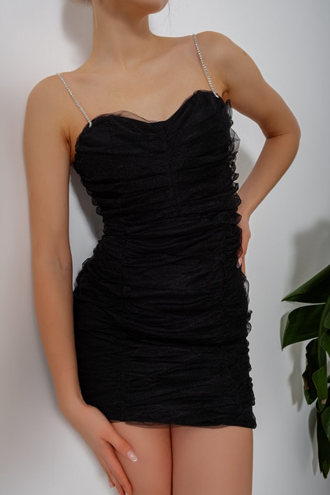 Parlak Taş Askılı Drape Elbise Siyah
