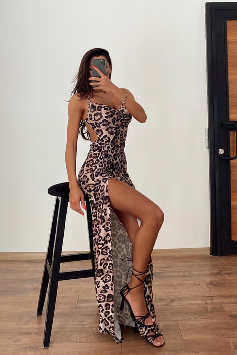 Sırt Dekolteli Leopar Elbise Siyah