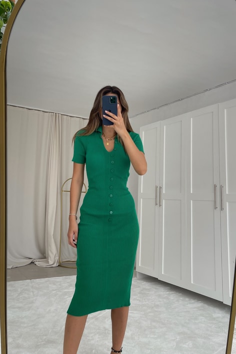 Sırt Dekolteli Triko Elbise Yeşil