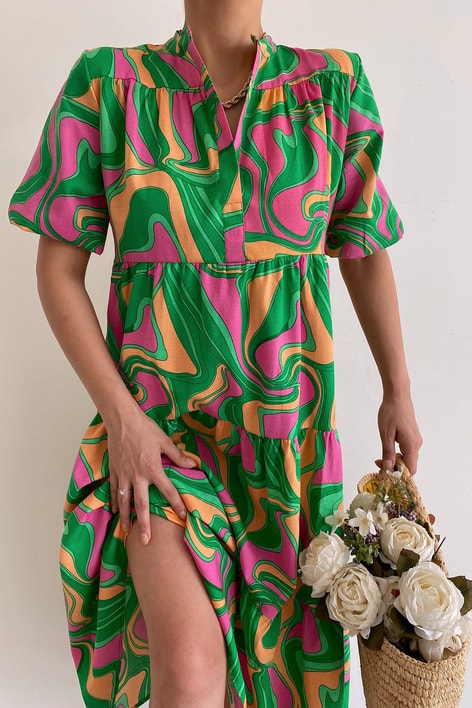 Watercolor Wave Poplin Elbise Yeşil