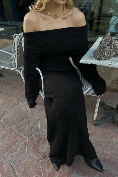 Madonna Yaka Premium Triko Elbise Siyah