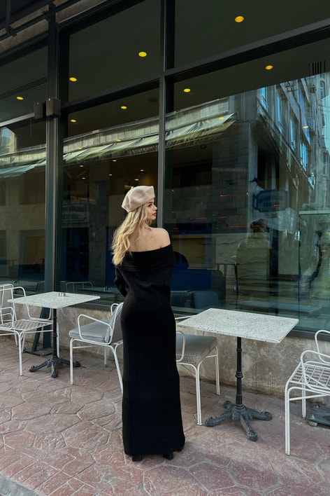 Madonna Yaka Premium Triko Elbise Siyah