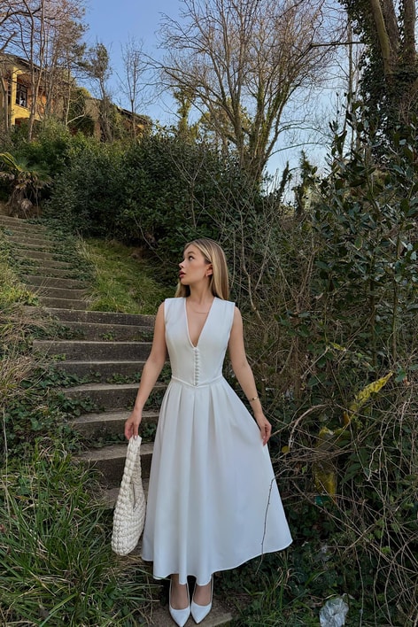 Mini Düğmeli Elegant Elbise Beyaz