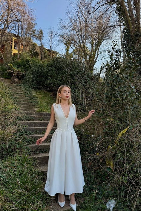 Mini Düğmeli Elegant Elbise Beyaz