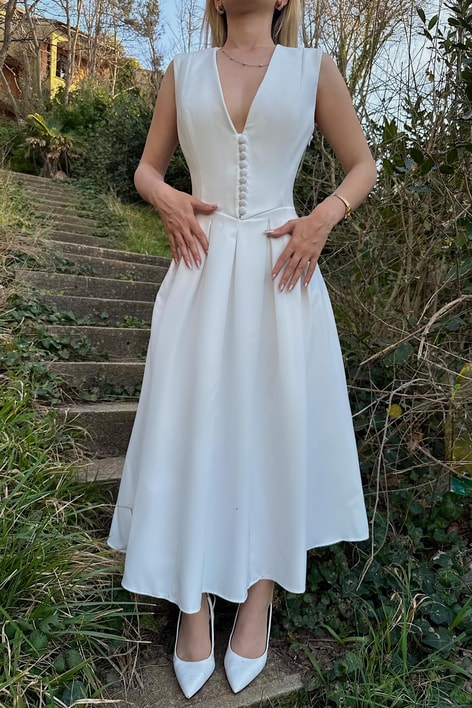 Mini Düğmeli Elegant Elbise Beyaz