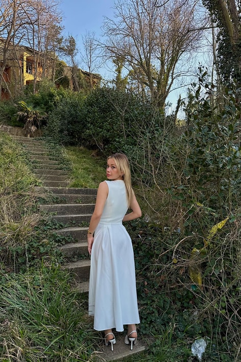 Mini Düğmeli Elegant Elbise Beyaz