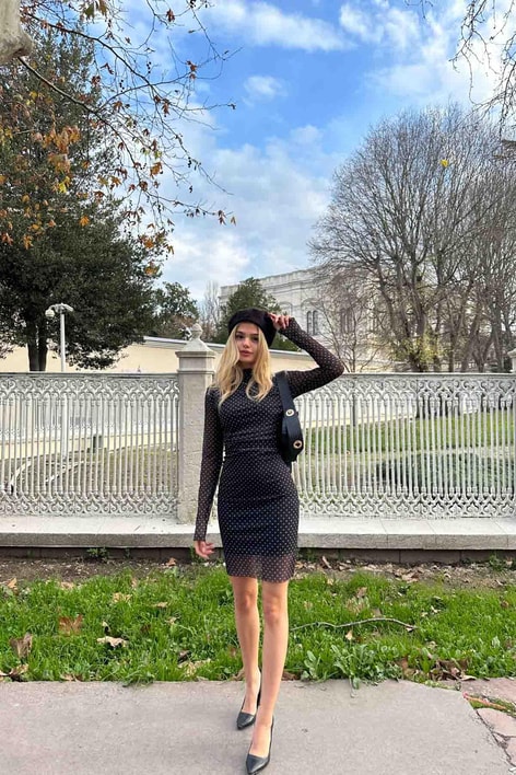 Mini Puantiye Tül Elbise Siyah